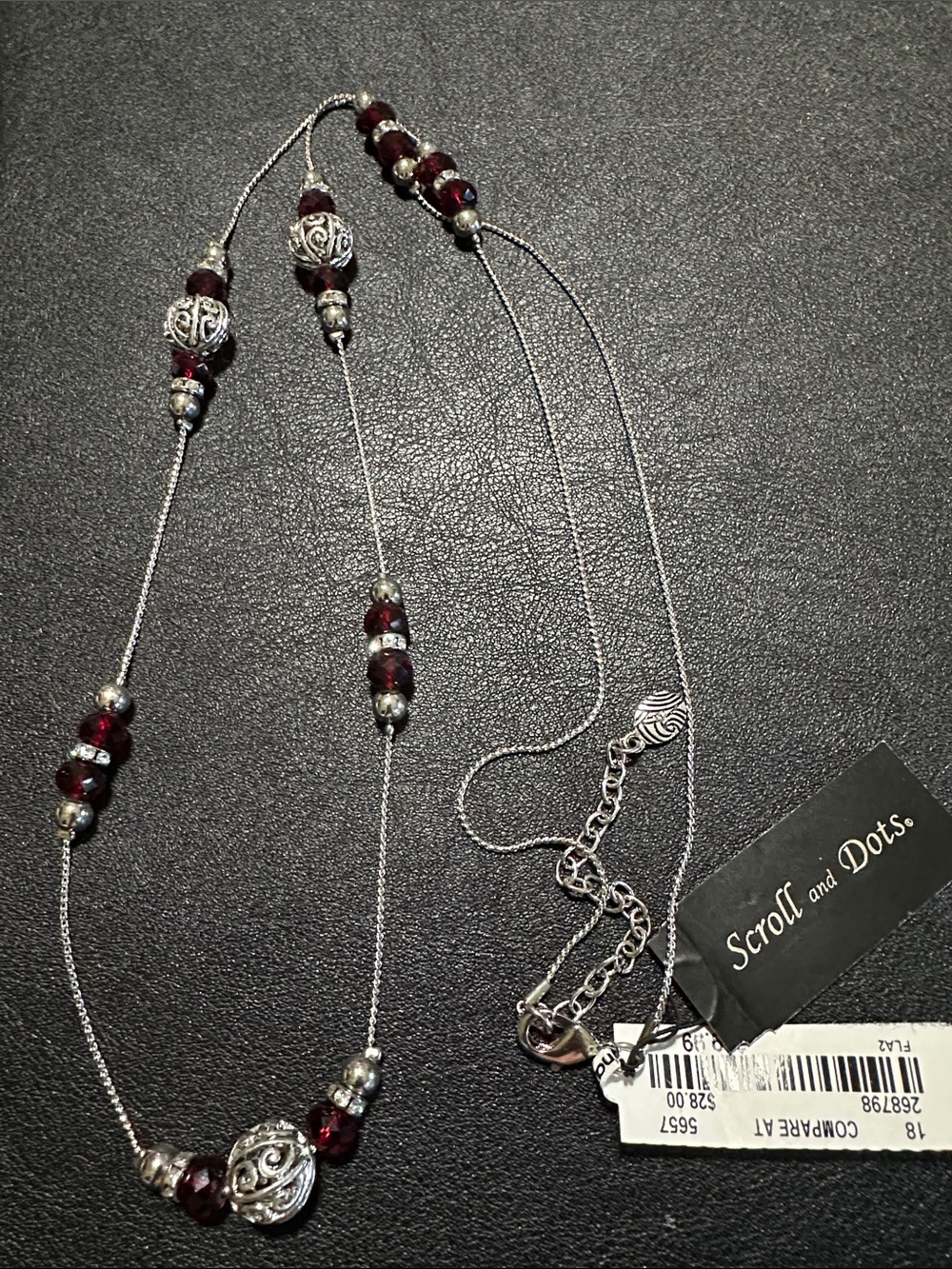 Scroll and Dots Faceted Red Crystal Silver Tone Long Necklace - Picture 4 of 13